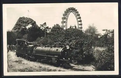 AK Wien, Prater, Kleinbahn mit Riesenrad und Hochschaubahn