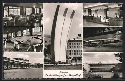 AK Berlin, Zentralflughafen Tempelhof, Aussen- u. Innenansichten, Flugzeug, Hungerharke