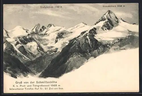 Künstler-AK Edward Theodore Compton: Schmittenhöhe, Grossglockner und Kitzsteinhorn