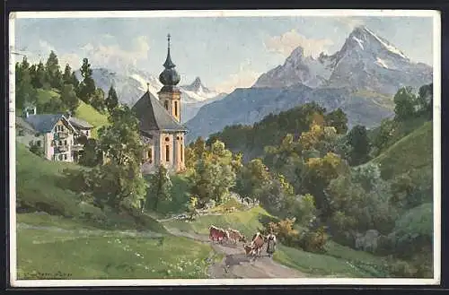 Künstler-AK Edward Theodore Compton: Ansicht mit Kirche und Watzmann, Kühe auf dem Weg