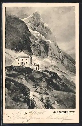 Künstler-AK Edward Theodore Compton: Mainzer-Hütte in den Bergen