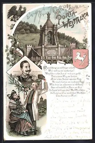 Lithographie Porta Westfalica, Kaiser Wilhelm-Denkmal, Paar in TRacht