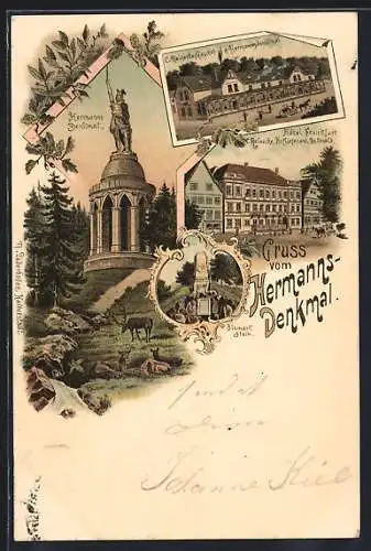 Lithographie Detmold, Hotel Frankfurt, C. Reinikes Gasthof z. Hermmannsdenkmal, Hermanns Denkmal, Bismarckstein