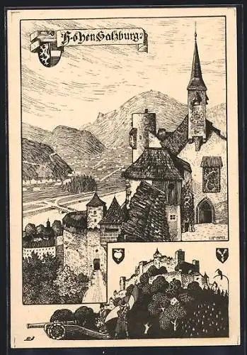 Künstler-AK Ulf Seidl: Hohensalzburg, Blick auf Kirche