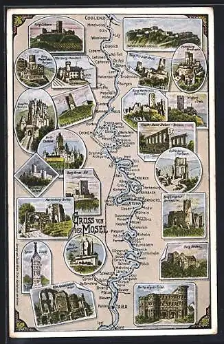 AK Koblenz, Landkarte mit Mosel und angrenzenden Ortschaften und Burgen