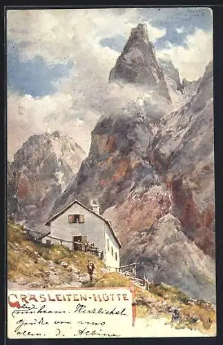 Künstler-Lithographie Edward Theodore Compton: Grasleiten-Hütte, Alpenidyll