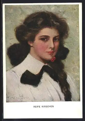 Künstler-AK Clarence F. Underwood: Junges hübsches Mädchen in weisser Bluse mit Kirschen im Mund