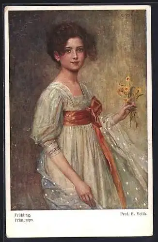 Künstler-AK sign. Prof. E. Veith: Frühling, Junge Frau mit Blumen