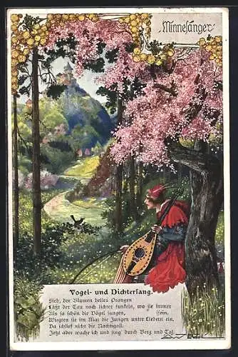 Künstler-AK T. Welzl: Minnesänger in Frühlingslandschaft