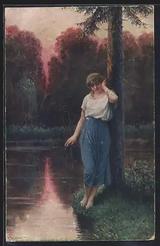 Künstler-AK Adolf Liebscher: Verlassen, Traurige Frau am Wasser