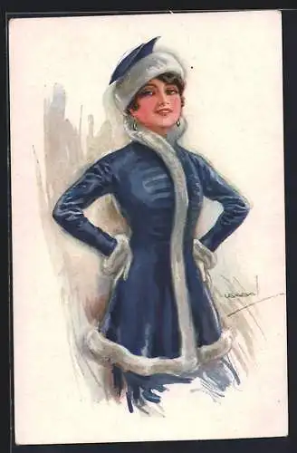 Künstler-AK Luis Usabal: Dame in blauem Wintermantel