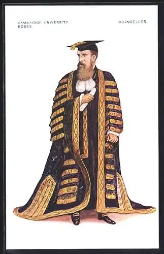 AK Cambridge, University, Robes, Chancellor, Mann in schwarzem Mantel mit goldenen Streifen und Doktorhut