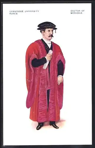 AK Cambridge, University, Robes, Doctor of Medicine, Mann mit Schnurrbart, Hut und roter Robe