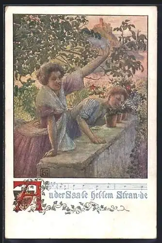 Künstler-AK Karl Friedrich Gsur, Deutscher Schulverein Nr. 1231: An der Saale hellem Strande, Frauen winken von Balkon