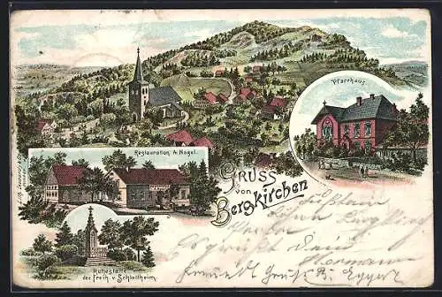 Lithographie Bergkirchen / Bad Oeynhausen, Restaurant A. Nagel, Pfarrhaus, Panorama