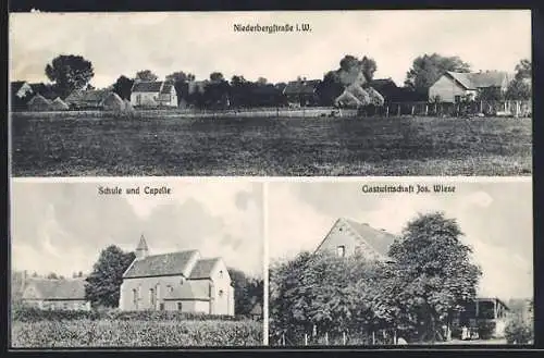 AK Niederbergstrasse i. W., Gasthaus Jos. Wiese, Schule und Capelle, Ortspartie