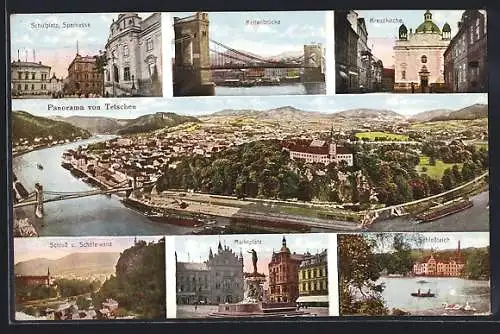 AK Tetschen-Bodenbach-Decin, Panorama, Sparkasse am Schulplatz, Kettenbrücke, Kreuzkirche, Schloss und Schäferwand