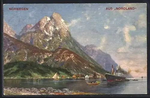 AK Nordland, Dampfer bei einer Ortschaft im Fjord