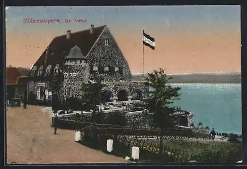 AK Soest i. W., Möhnetalsperre, das Gasthaus Seehof mit Blick auf den Stausee