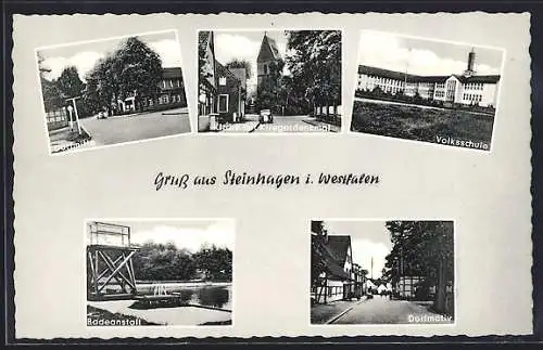 AK Steinhagen / Westf., Volksschule, Badeanstalt, Kirche mit Kriegerdenkmal