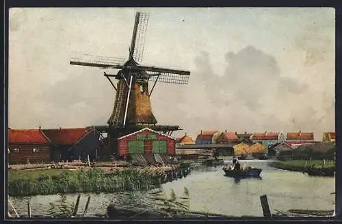 Künstler-AK Photochromie Nr. 1946: Zaandam, Uferpartie mit Windmühle