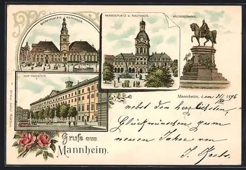 Lithographie Mannheim, Kaufhaus, Paradeplatz, Marktplatz, Rathaus, Hoftheater, Kaiserdenkmal