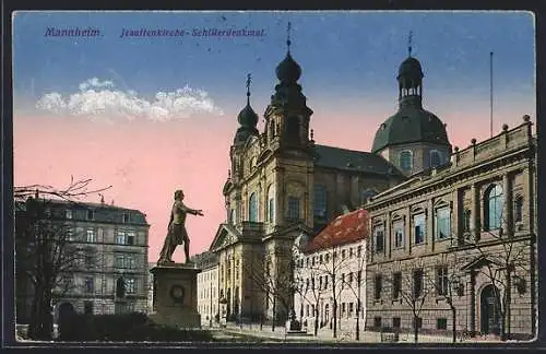 AK Mannheim, Jesuitenkirche und Schillerdenkmal