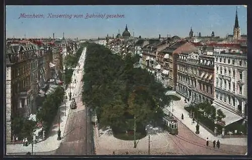 AK Mannheim, Kaiserring vom Bahnhof aus gesehen, Strassenbahn