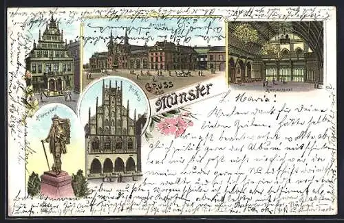 Lithographie Münster / Westfalen, Rathaus, Alte Wache, Bahnhof