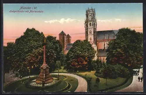 AK Münster i. W., Ludgerikirche mit Mariensäule