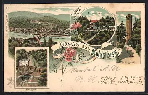 Lithographie Heidelberg, Molkenkur, Bergbahn, Aussichtsturm am Königsstuhl, Ortsansicht