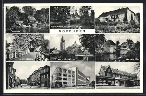 AK Nordhorn, Oelmühle, Mühlendamm, Hauptstrasse, St. Augustinuskirche, Vechtepartie