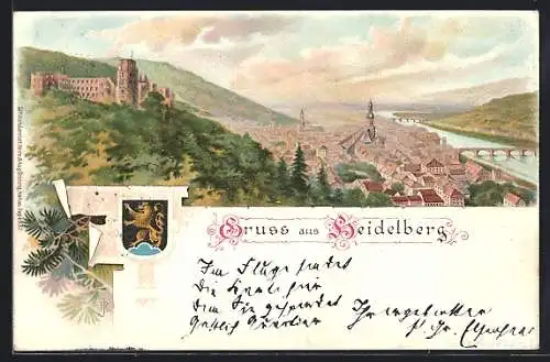 Lithographie Heidelberg / Neckar, Totalansicht mit Ruine