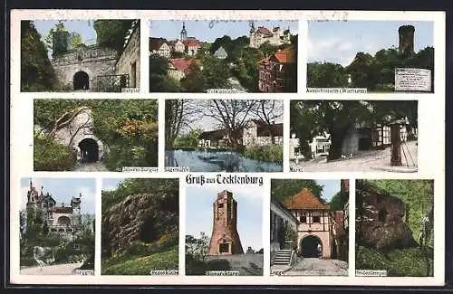 AK Tecklenburg, Totalansicht, Burgtor, Wierturm, Sägemühle, Markt, Bismarckturm u.a.