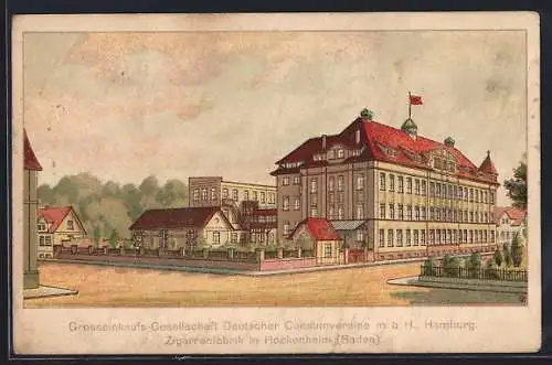 Lithographie Hockenheim / Baden, Grosseinkaufs-Gesellschaft Deutscher Consumvereine m.b.H, Zigarrenfabrik