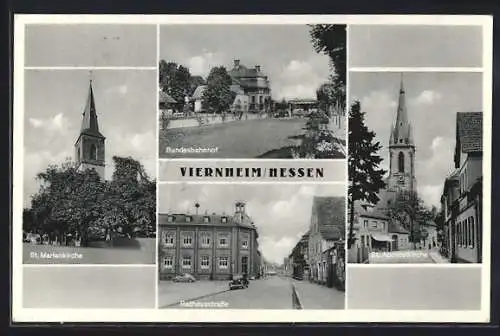 AK Viernheim / Hessen, Bundesbahnhof, St. Marienkirche, Rathausstrasse und St. Apostelkirche