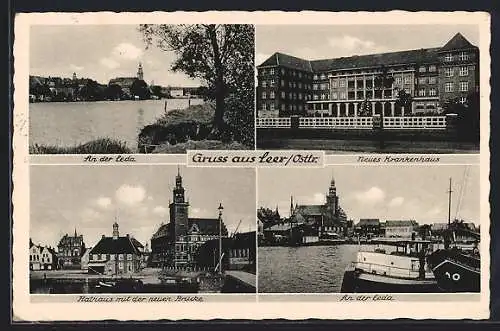 AK Leer / Ostfriesland, Ortsblick von der Leda aus, Neues Krankenhaus & Rathaus mit der neuen Brücke