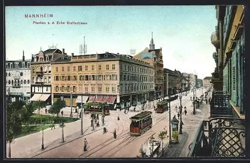 AK Mannheim, Planken a. d. Ecke Breitenstrasse, Strassenbahn