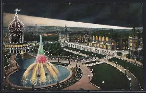 AK Mannheim, Jubiläums-Ausstellung 1907, Friedrichsplatz bei Nacht mit Leuchtfontäne