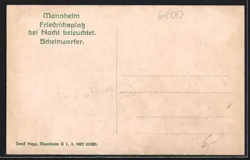 AK Mannheim, Jubiläums-Ausstellung 1907, Friedrichsplatz bei Nacht mit Leuchtfontäne