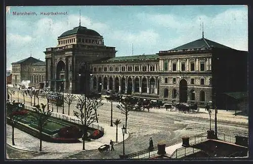 AK Mannheim, Hauptbahnhof und Strassenbahn aus der Vogelschau