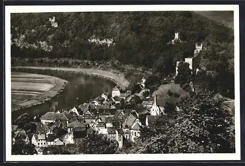 AK Neckarsteinach, Ortsansicht und Flusspartie aus der Vogelschau