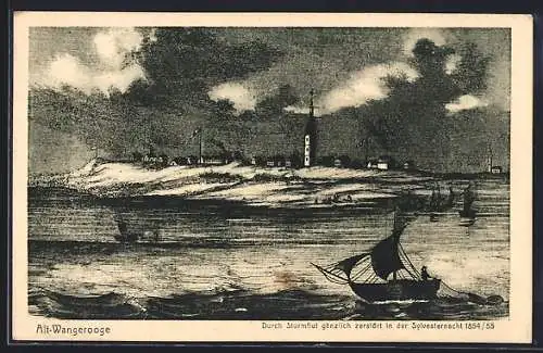 AK Wangerooge, Blick vom Meer zum Ort vor der Zerstörung 1854 /55, Segelboote