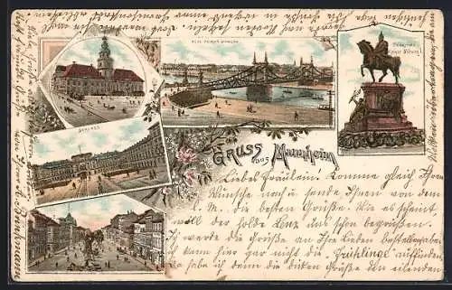 Lithographie Mannheim, Blick auf neue Neckar-Brücke, Denkmal Kaiser Wilhelm I., Schloss und Rathaus