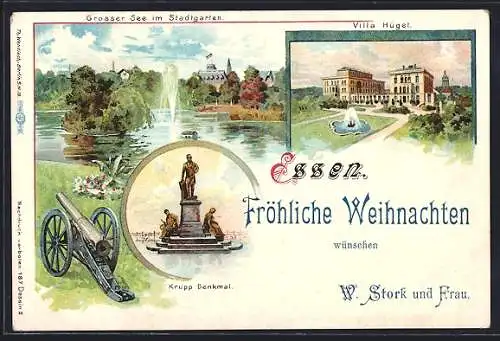 Lithographie Essen, Krupp Denkmal und Villa Hügel