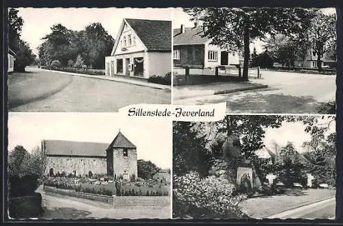 AK Sillenstede-Jeverland, Strassenpartie mit Geschäft, Kirche, Denkmal