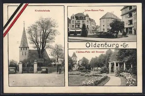 AK Oldenburg / O., Julius-Mosen-Platz, Cäcilien-Platz mit Brunnen und Kirchhofslinde