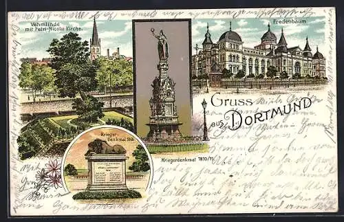 Lithographie Dortmund, Fredenbaum, Vehmlinde mit Petri-Nicolaikirche, Kriegerdenkmal