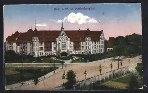 AK Buer i. W., St. Marienhospital bei Abendstimmung