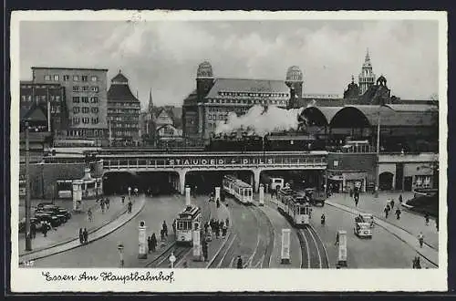 AK Essen, Am Hauptbahnhof mit Strassenbahnen, Dampflok